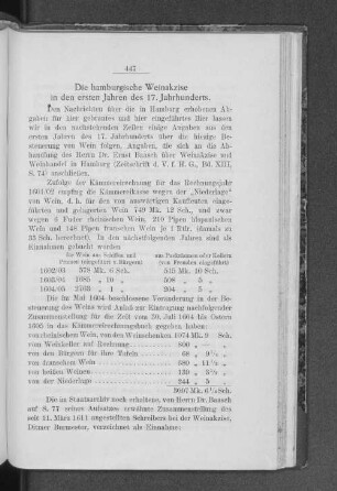 Die hamburgische Weinakzise in den ersten Jahren des 17. Jahrhunderts.