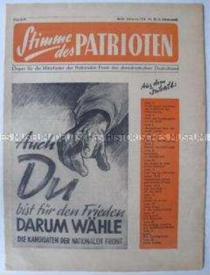 Funktionärszeitung der Nationalen Front "Stimme des Patrioten" u.a. zur bevorstehenden Volkskammerwahl