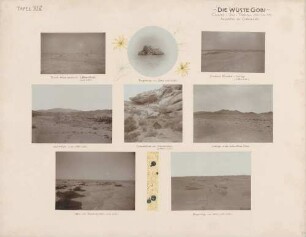 Die Wüste Gobi, Chami - Su-tschou: links oben: Durch Wind erodierte Lehmschicht in der südlichen Gobi Mitte oben: Fengenberg von Lehm in der südlichen Gobi rechts oben: Trockenes Flusstal und Gebirge in der mittlerern Gobi links Mitte: Wasserplatz in der mittleren Gobi Mitte Mitte: Granitfelsen mit Schutzrinden in der mittleren Gobi rechts Mitte: Gebirge in der südmittleren Gobi links unten: Lehm- und Sandschichten in der südlichen Gobi rechts unten: Fengenberge von Lehm in der südlichen Gobi