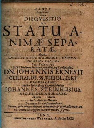 Psychologia, sive Disquisitio De Statu Animae Separatae