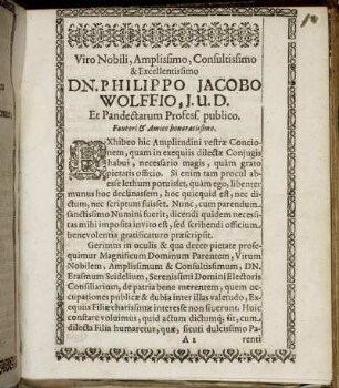 Viro Nobili, [...] Dn. Philippo Jacobo Wolffio, [...]