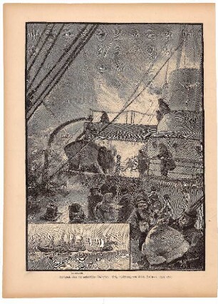 Notsignale eines transatlantischen Dampfers, Originalzeichnung von Wilh. Stöwer.- kleines Bild: Im Schlepptau