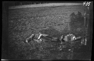 bei Rossienie (=Raseiniai, Litauen): 2 tote Soldaten (russische. Kosaken?) mit breiten Seitenstreifen an der Uniformhose auf einem Feld ("Die ersten erschossenen Kosaken bei Rossjenie. 27.4.1915")