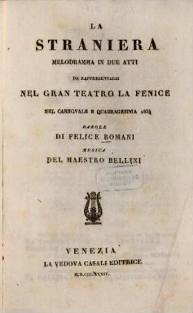 La straniera : Melodramma in 2 atti