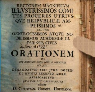 [Programma quo ...] Christi. Godofr. Hoffmannus ad orationem, qua ... demandatum sibi iura docendi munus recepto more auspicabitur ... invitat : [de iure incerto praefatus]
