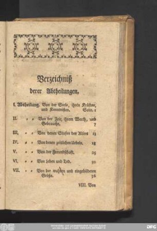 Verzeichniß derer Abtheilungen.
