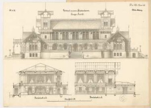 Schützenhaus Monatskonkurrenz Mai 1876: Aufriss Längsseite (Terrasse), 2 Querschnitte; Maßstabsleiste