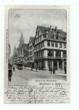 "Partie in der Kaiserstraße" - untere Kaiserstraße mit Kiliansturm und Straßenbahn