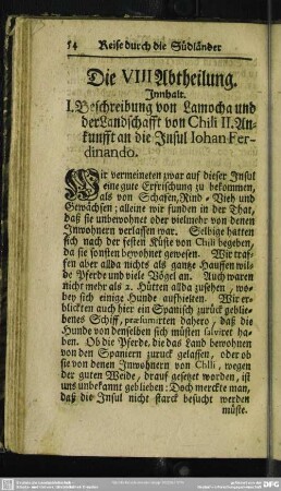 Die VIII. Abtheilung. Innhalt. I. Beschreibung von Lamocha und der Landschafft von Chili ...
