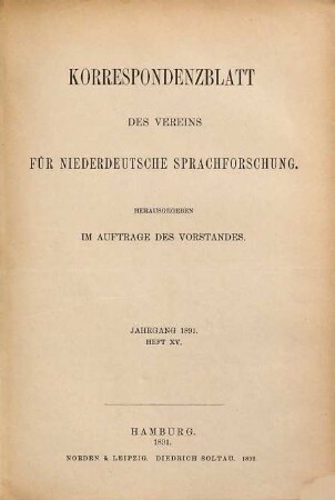 Korrespondenzblatt des Vereins für Niederdeutsche Sprachforschung. 15. 1891