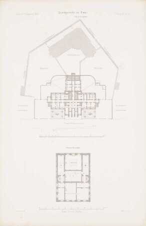 Landgericht, Bonn: Lageplan, Grundriss OG (aus: Atlas zur Zeitschrift für Bauwesen, hrsg. v. G. Erbkam, Jg. 13, 1863)