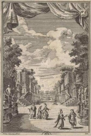 Bühnenbild für die Oper „Teodosio il Giovane“ von Filippo Amadei im Teatro Ottoboni des Palazzo della Cancelleria in Rom im Jahr 1711 (Akt 1, Szene 11: Pulcheria und Marciano im kaiserlichen Hofgarten)