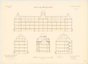 Kavallerie Kasernement, Danzig-Langfuhr Kaserne für 2 Eskadrons No. 2: Längsschnitt, Querschnitte, 1:100