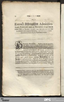 Extract Oehringischen Administrations-Protocolli vom 21. Novembris 1748...