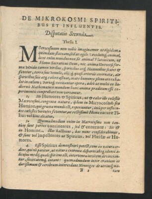 De Mikrokosmi Spiritibus Et Influentis. Disputatio Secunda.