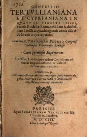 Confessio Tertulliana et Cyprianiana in 4 digesta libros