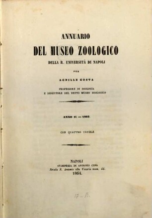 Annuario del Museo Zoologico della Università di Napoli, 2. 1862 (1864)
