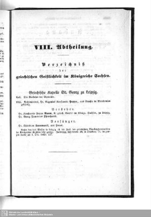 VIII. Abtheilung. Verzeichniß der griechischen Geistlichkeit im Königreiche Sachsen