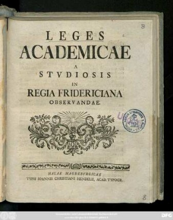 Leges Academicae A Stvdiosis In Regia Fridericiana Observandae