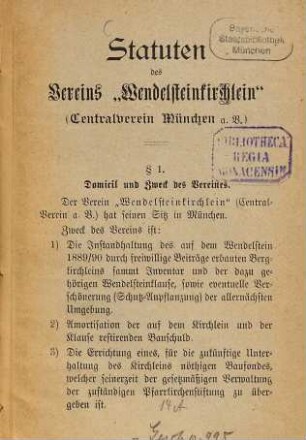 Statuten des Vereins "Wendelsteinkirchlein" (Centralverein München a. U.)