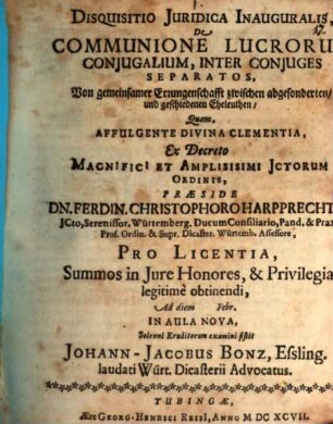 Disquisitio iur. inaug. de communione lucrorum coniugalium, inter coniuges separatos, Von gemeinsamer Errungenschafft zwischen abgesonderten und geschiedenen Eheleuthen