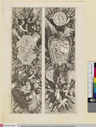 [Zwei Prospekte Mit Schilden und Waffen; Vers le haut du projet de gauche, dans un cartouche, de Hercule assis couronné par un petit génie]