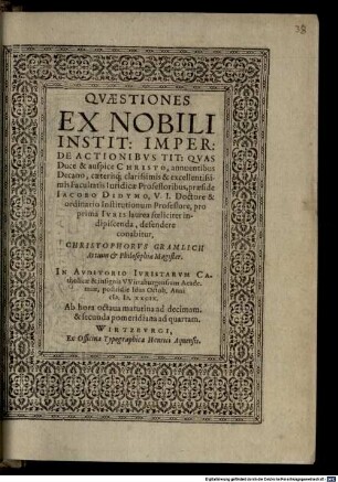 Quaestiones Ex Nobili Instit: Imper: De Actionibvs Tit:
