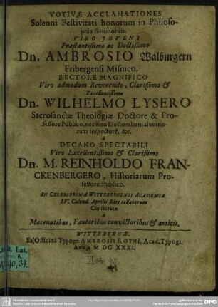 Votivae acclamationes festivitati honorum in philosophia summorum Ambrosio Walburgern collatorum consecratae