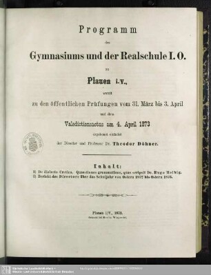 1872/73: Programm des Gymnasiums und der Realschule I. Ordnung zu Plauen