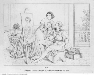 Vita di Raffaelle da UrbinoTaf. X: Raphael malt viele Frauenbildnisse, hier die Fornarina - Vita di Raffaelle da Urbino : in 12 tavole / disegnata ed incisa da G. Riepenhausen, Roma 1833