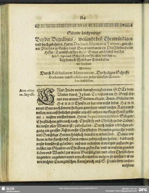 Sibende Leichpredigt, Bey der Begräbnis … Herrn … Hieremiae Vietoris … Seliger gedächtniß, welcher den 8. Septemb. … entschlaffen, und den 10. Tag hernach … bestattet worden