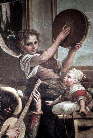 Harlekin und Begleitfiguren musizierend
