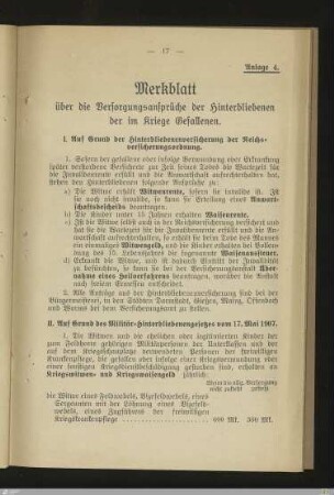 Anlage 4. Merkblatt über die Versorgungsansprüche der Hinterbliebenen der im Kriege Gefallenen
