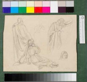 Figurenstudien zu "Israels Volk weinend an den Wassern von Babylon" und Kinderkopfstudie zu "Grönländer auf dem Sterbebett", beides aus H.-C. Andersens "Bilderbuch ohne Bilder"