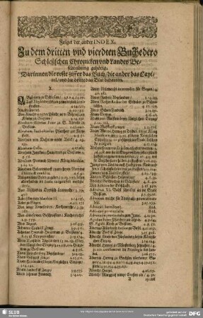 Folget der ander Index Zu dem dritten und vierdten Buche dero Schlesischen Chronicken und Landes Beschreibungen gehörig