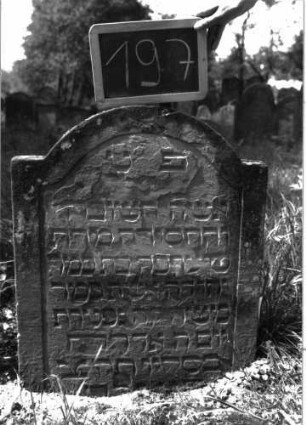 Grabstein 197 (Index: 100103338) Material: Sandstein Zustand: teilweise verwittert, abgeblättert Maße HxBxT: 72x58x7 cm Beschreibung: Stele, eingezogener Rundbogenabschluss, Schriftfeld eingetieft mit Konvexbogenabschluss: Grabstein 197