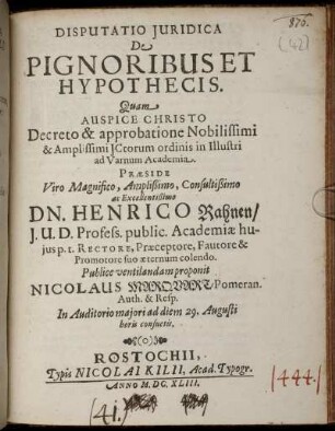 Disputatio Iuridica De Pignoribus Et Hypothecis