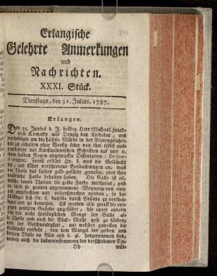 XXXI. Stück. Dienstags, den 31. Julius. 1787.