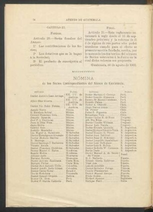 Nómina de los Socios Correspondientes del Ateneo de Guatemala