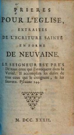 Prières pour l'Eglise, extraites de l'Ecriture Sainte en forme de neuvaine