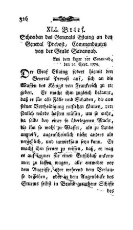 XLI. Brief - Schreiben des Generals Estaing an den General Prevost