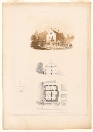Pfarrhaus, Bischofswald: Bl. 39: Perspektivische Ansicht, Grundriss, Querschnitt (aus: Bauausführungen des preußischen Staats, Bd. 2)