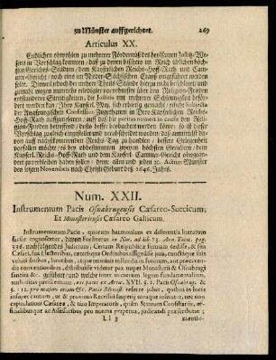 Num. XXII. Instrumentum Pacis Osnaburgensis Caesareo-Suecicum; Et Monasteriensis Caesaro Gallicum