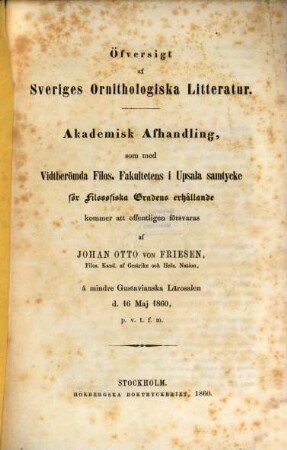 Öfversigt af Sveriges Ornithologiska Litteratur : Akademisk Afhandling