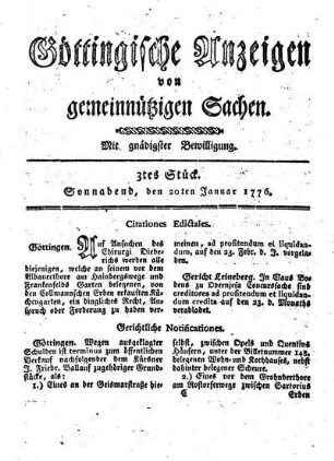 3tes Stück. Sonnabend, den 20ten Januar 1776.
