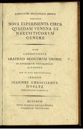 Dissertatio Inauguralis Medica Exhibens Nova Experimenta Circa Quaedam Venena Ex Narcoticorum Genere