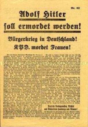 Anti-KPD Wahlkampfflugblatt der NSDAP, welches den Kommunisten Mordabsichten und Morde unterstellt