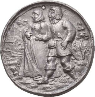 Bleiplakette mit Darstellung eines Bauernpaars