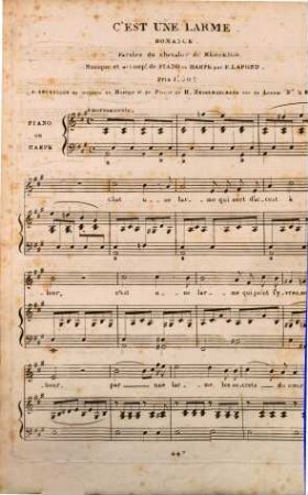 C'est une larme : romance [pour 1 voix avec pianoforte ou harpe] ; paroles du Chevalier de Messenge