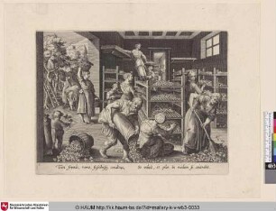 [Das Sammeln von Maulbeerblättern und die Fütterung der Seidenraupen; The gathering of mulberry leaves and the feeding of the silkworms]